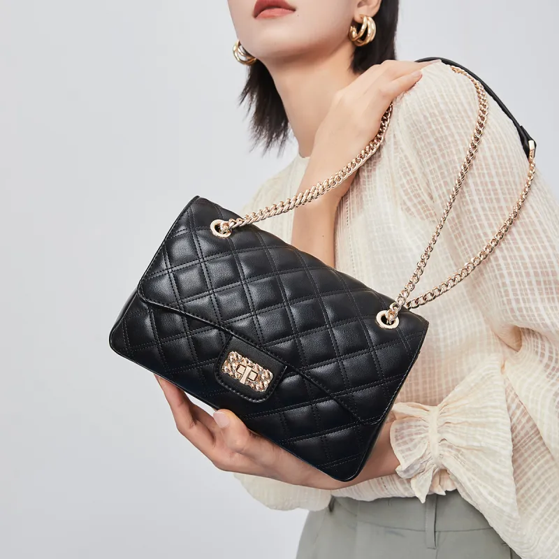 MEXICAN Polyurethane Diamond Pattern Chain Bag, Crossbody Bag Regular Women's Black/Ecru-4