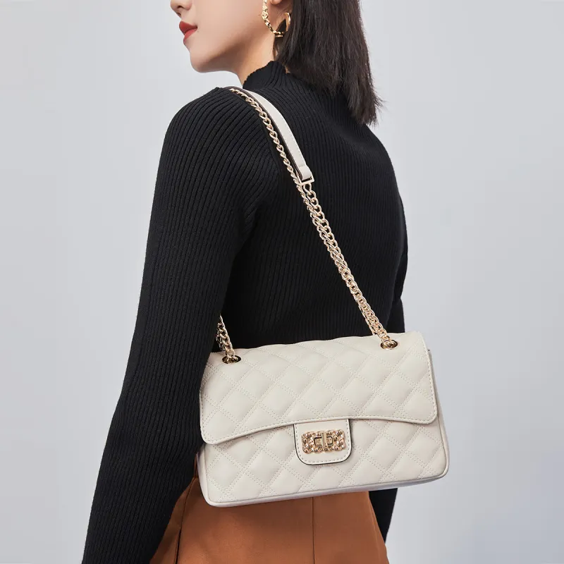 MEXICAN Polyurethane Diamond Pattern Chain Bag, Crossbody Bag Regular Women's Black/Ecru-12