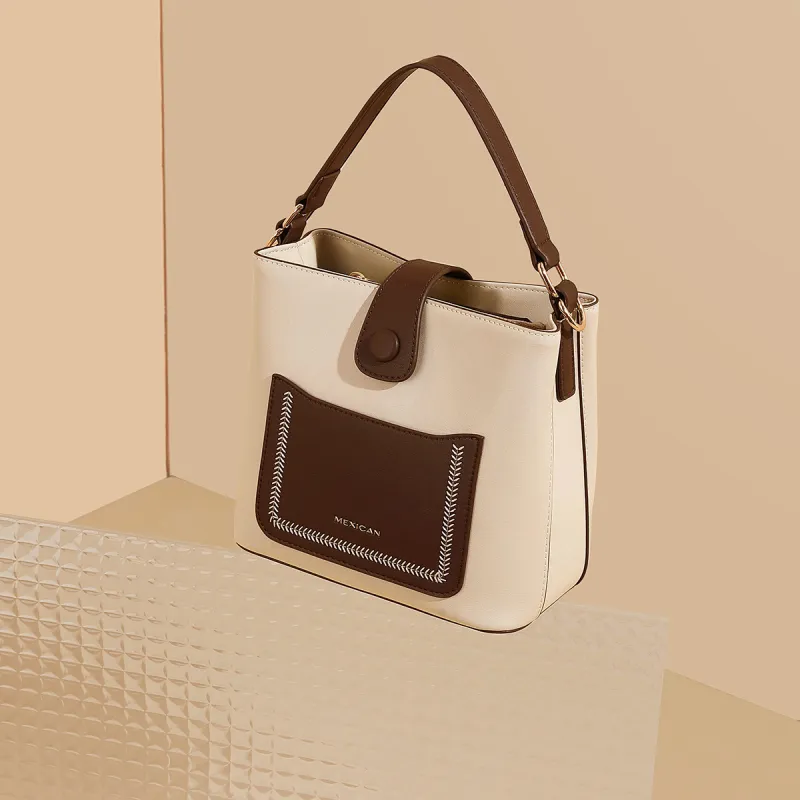 MEXICAN Cow Leather With Synthetic Leather Handbag, Shoulder Bag, Crossbody Bag Regular Women's Apricot/Burnt Tea-7