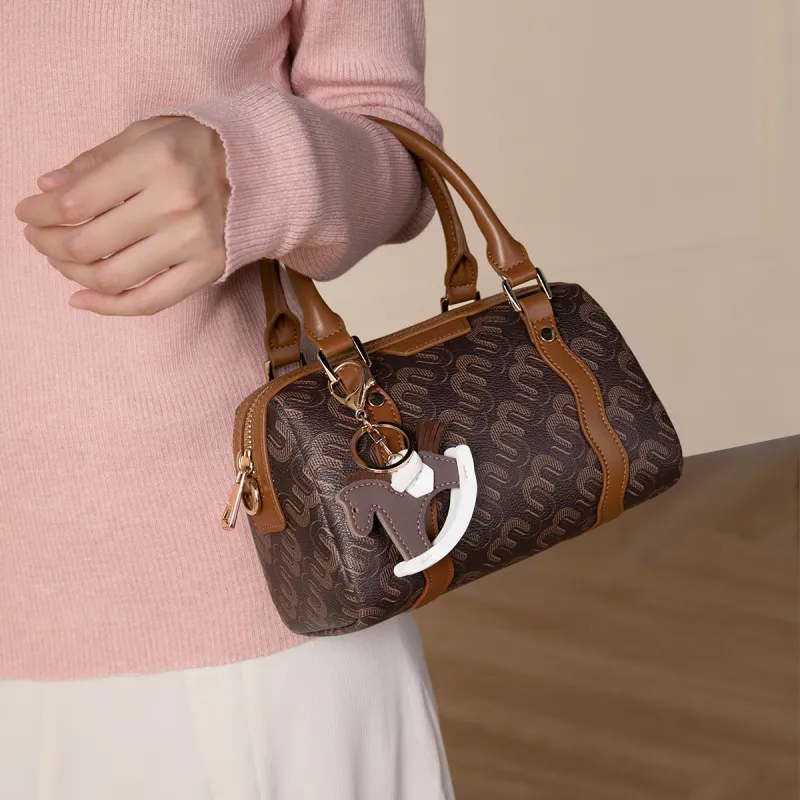 MEXICAN Polyurethane Boston Bag Handbag Women's Coffee/Khaki Gray-5