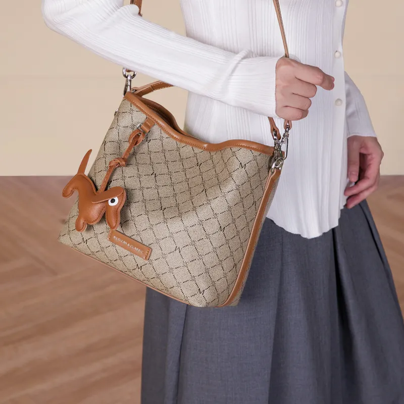MEXICAN Polyurethane Leather Bucket Bag Handbag Women's Khaki/Dark Brown-2