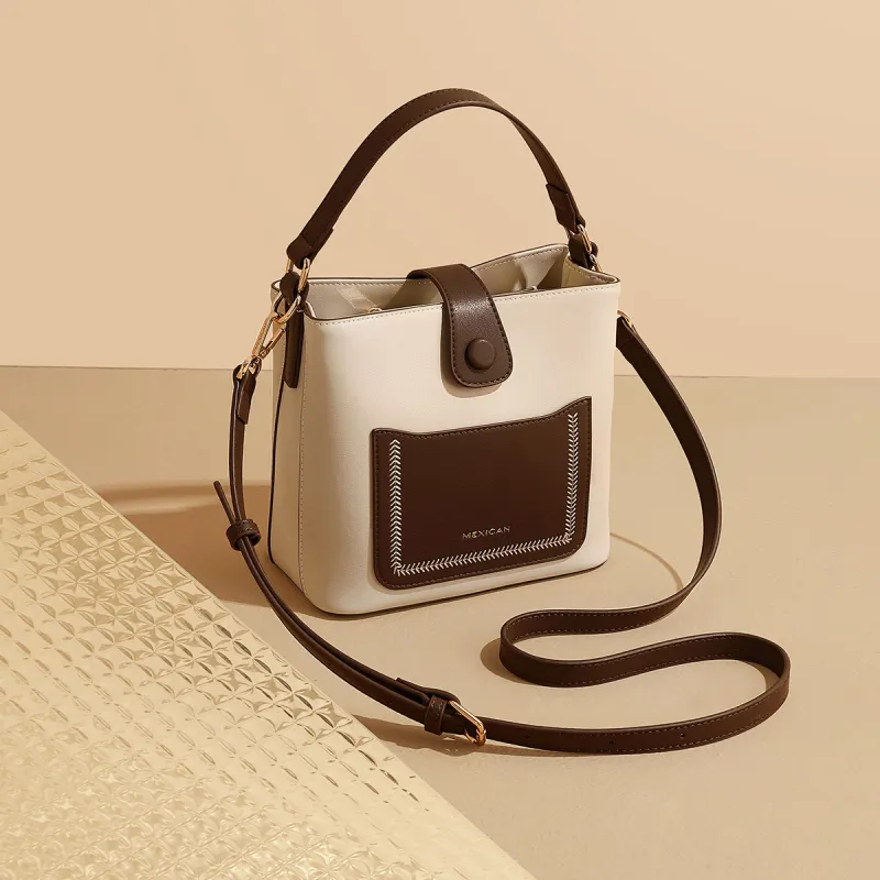 MEXICAN Cow Leather With Synthetic Leather Handbag, Shoulder Bag, Crossbody Bag Regular Women's Apricot/Burnt Tea-6