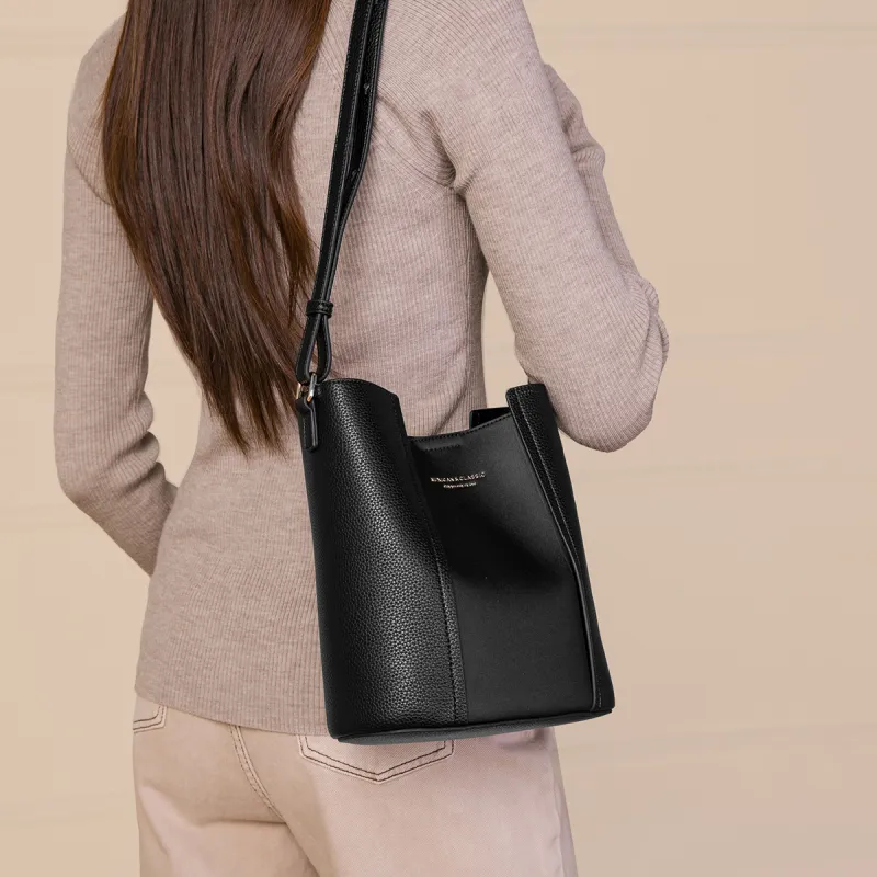 MEXICAN Polyurethane Bucket Bag, Shoulder Bag, Crossbody Bag Women's Black/Coffee-4