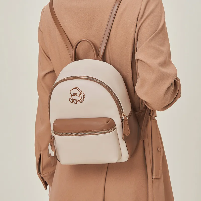 MEXICAN Polyurethane Backpack Regular Women's Ecru & Brown-2