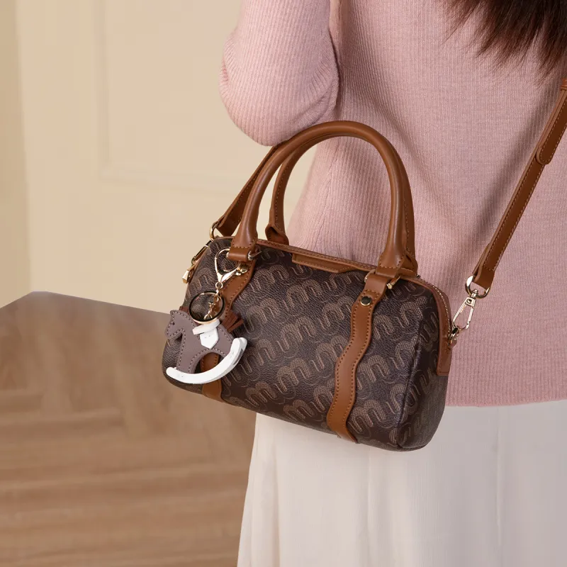 MEXICAN Polyurethane Boston Bag Handbag Women's Coffee/Khaki Gray-3