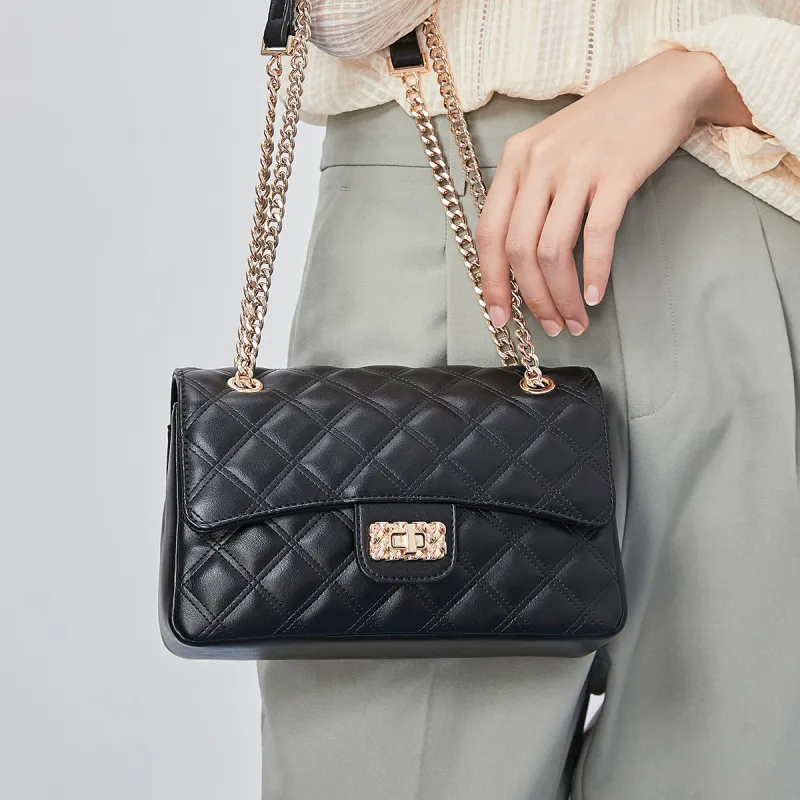 MEXICAN Polyurethane Diamond Pattern Chain Bag, Crossbody Bag Regular Women's Black/Ecru-6