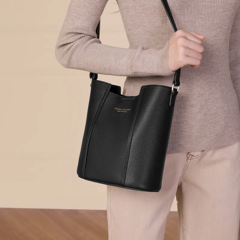 MEXICAN Polyurethane Bucket Bag, Shoulder Bag, Crossbody Bag Women's Black/Coffee-2