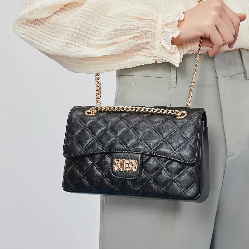 MEXICAN Polyurethane Diamond Pattern Chain Bag, Crossbody Bag Regular Women's Black/Ecru-5