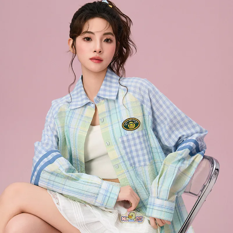 B.Duck Shirt Women's Blue White Plaid-3