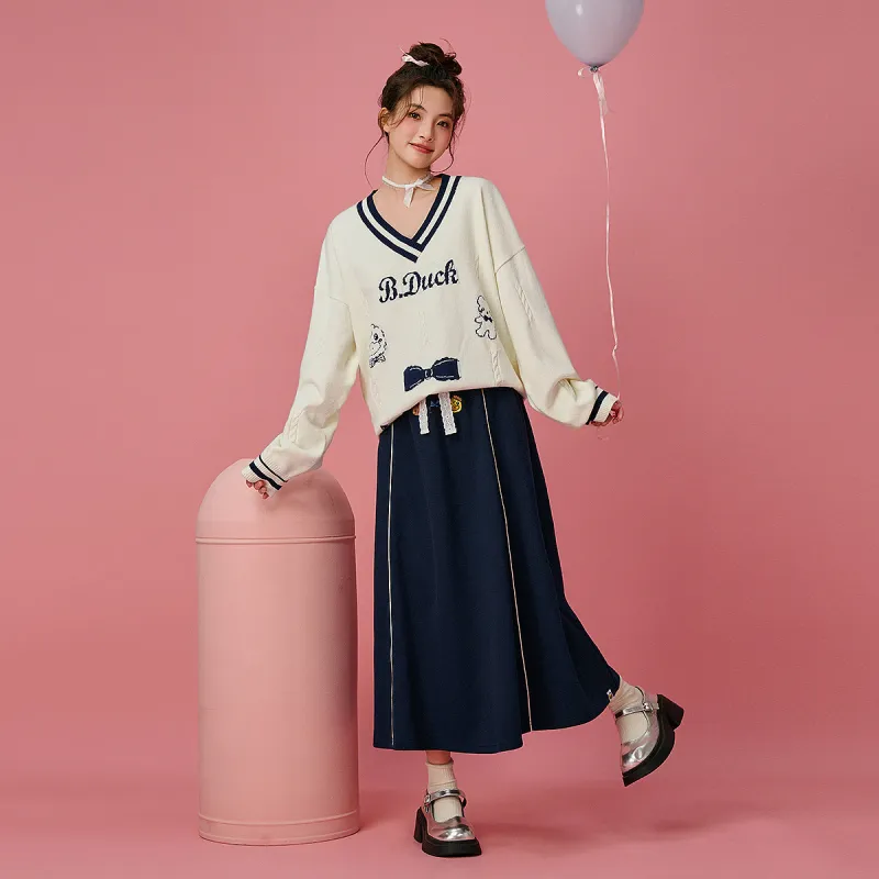 B.Duck Casual Long Skirt Women's Navy Blue-3