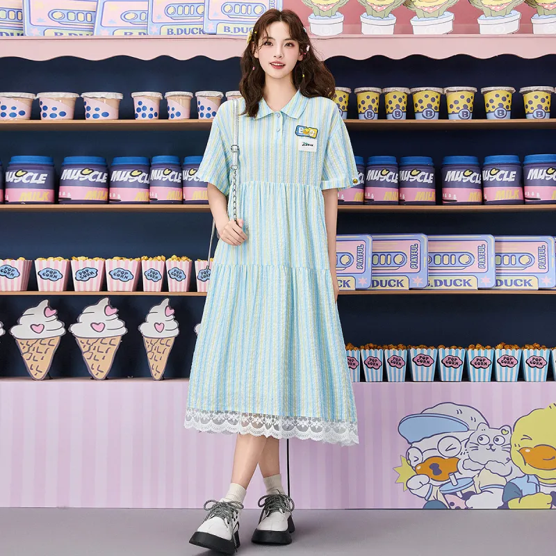 B.Duck Short Sleeved Dress Women's Blue White Stripes-4