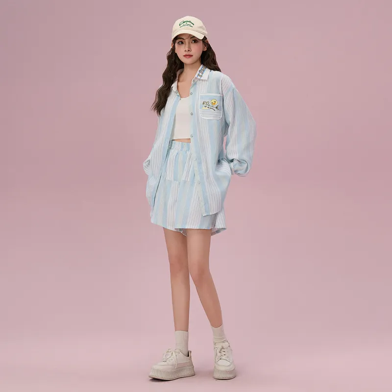 B.Duck Shirt Women's Light Blue White Stripes-3