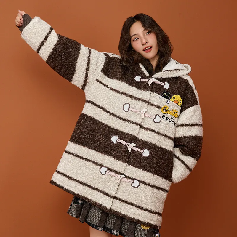 B.Duck Velvet feel Coat Women's Brown Stripes-3