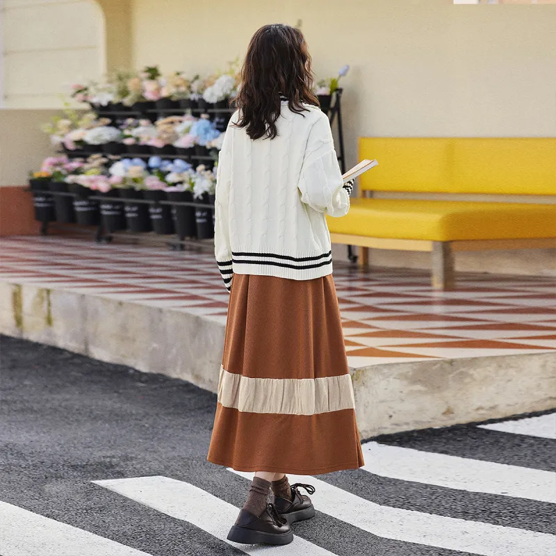 B.Duck Knit Long Skirts Women's Red Brown-3