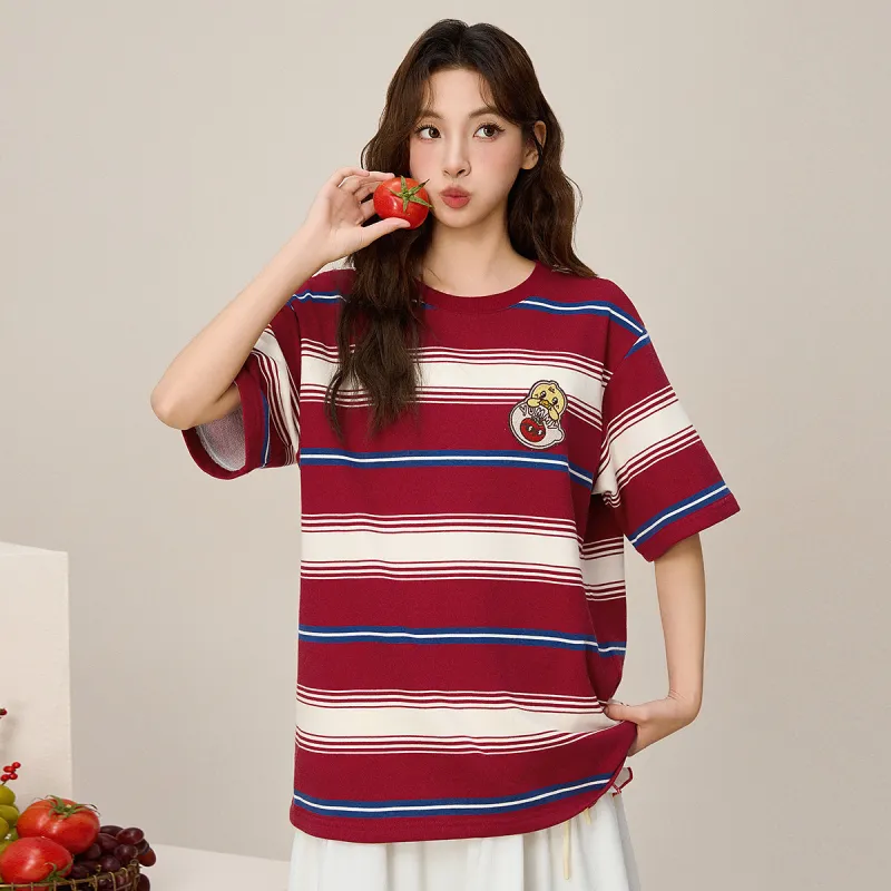 B.Duck T-Shirt Women's Red White Stripes-3