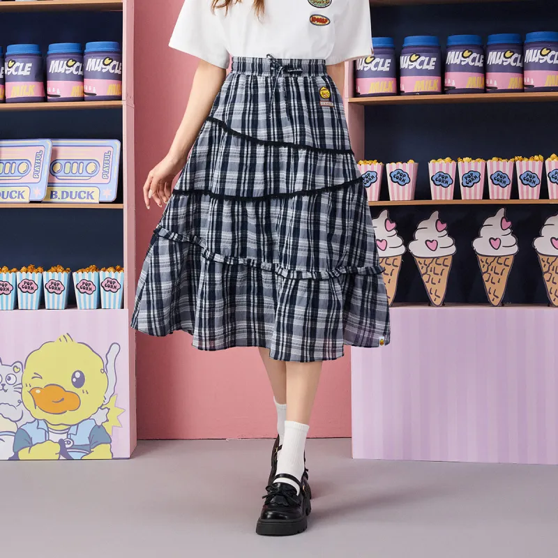 B.Duck Casual Short Skirts Women's Black Gray Plaid-4