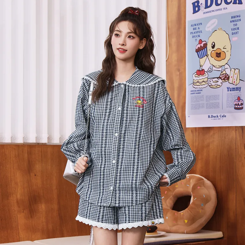 B.Duck Shirt Women's Black White Plaid-3