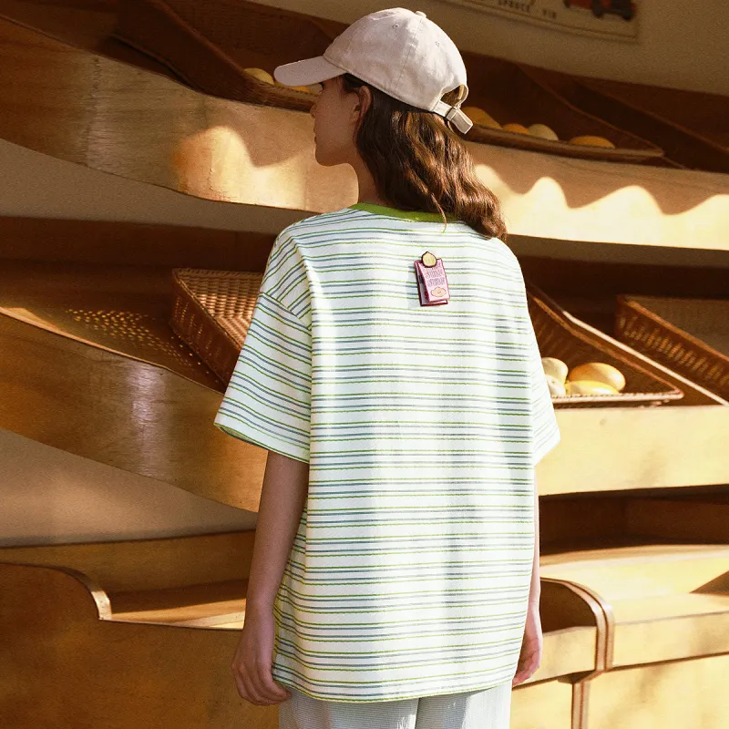 B.Duck T Shirt Women's Green White Blue Stripes-5