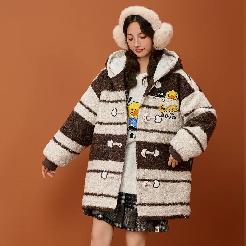 B.Duck Velvet feel Coat Women's Brown Stripes-2