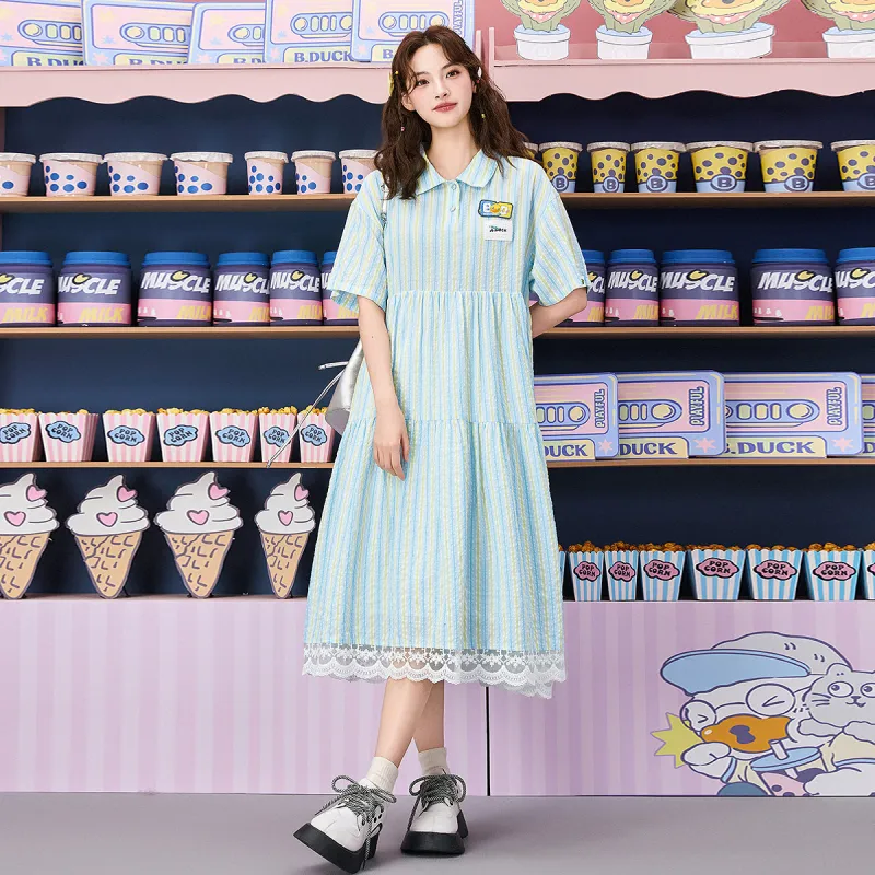 B.Duck Short Sleeved Dress Women's Blue White Stripes-2