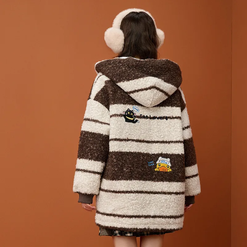 B.Duck Velvet feel Coat Women's Brown Stripes-5