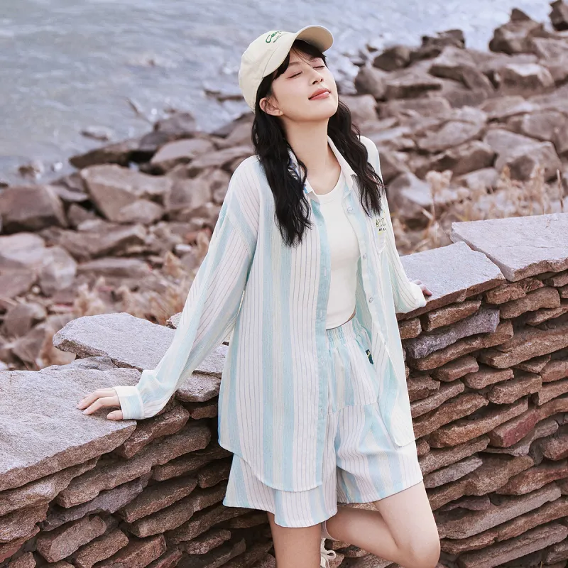 B.Duck Shirt Women's Light Blue White Stripes-4