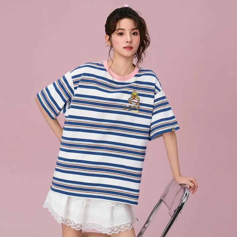 B.Duck T Shirt Women's Blue White Pink Stripes-4