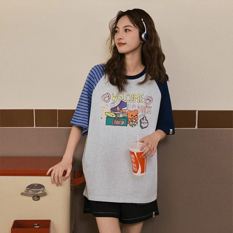 B.Duck Regular T Shirt Women's Heather Gray & Blue Stripes-2