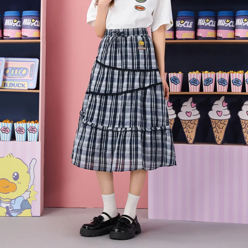 B.Duck Casual Short Skirts Women's Black Gray Plaid-2