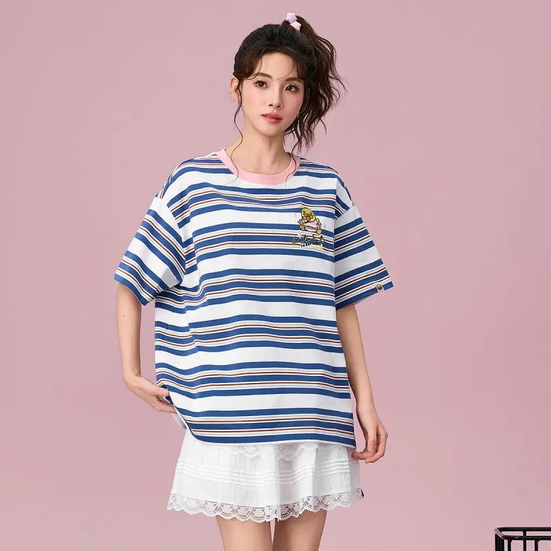 B.Duck T Shirt Women's Blue White Pink Stripes-3
