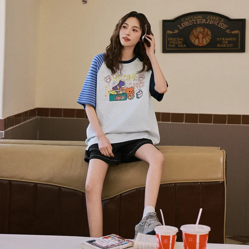 B.Duck Regular T Shirt Women's Heather Gray & Blue Stripes-3