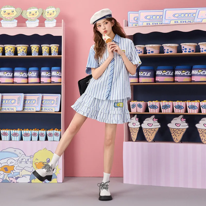 B.Duck Casual Short Skirts Women's Blue White Stripes-3