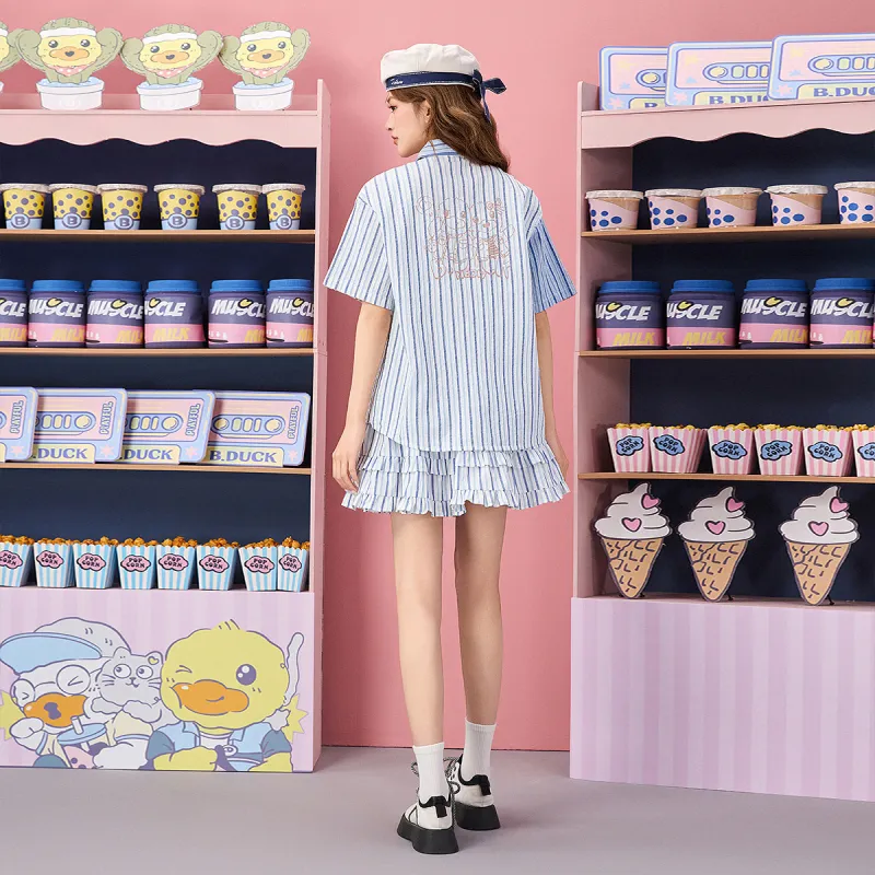 B.Duck Casual Short Skirts Women's Blue White Stripes-5