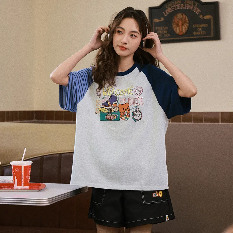 B.Duck Regular T Shirt Women's Heather Gray & Blue Stripes-5