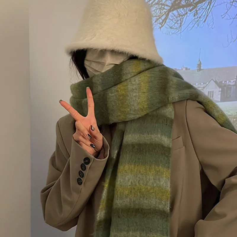 PLAN IN Cotton Polyester Knit Scarves Unisex Gray/Maillard/Green-5