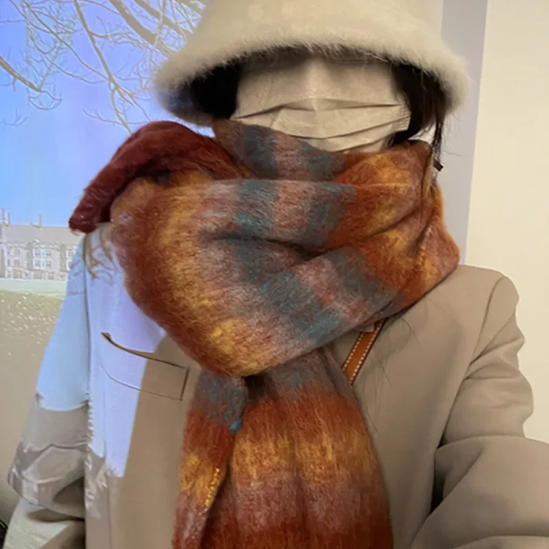 PLAN IN Cotton Polyester Knit Scarves Unisex Gray/Maillard/Green-2