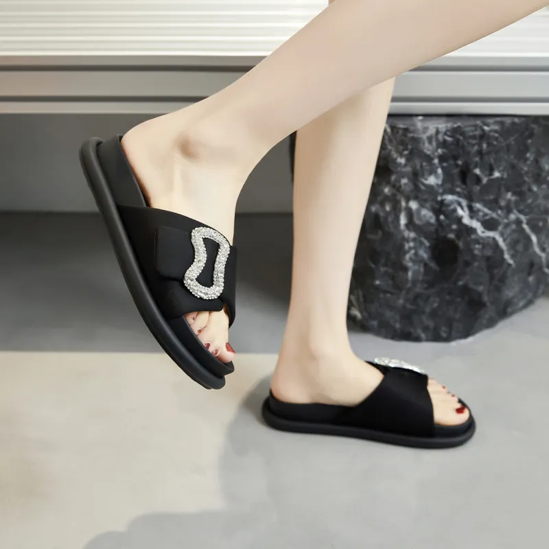 GEMEIQ PU Polyurethane Stitching Rhinestone Quiet Slip Resistant Slide Slippers Women's-10