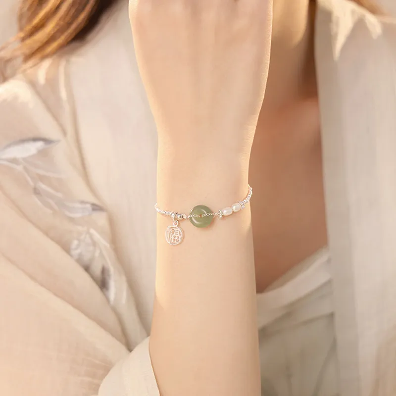 Zoo Jewel S925 Silver Hetian Jade Freshwater Pearl Bracelets Women's Green Jade-1