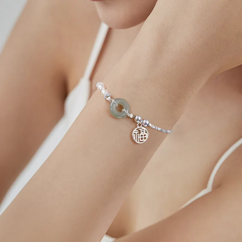Zoo Jewel S925 Silver Hetian Jade Freshwater Pearl Bracelets Women's Green Jade-3