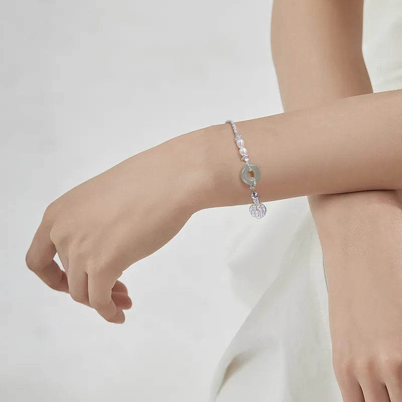 Zoo Jewel S925 Silver Hetian Jade Freshwater Pearl Bracelets Women's Green Jade-4