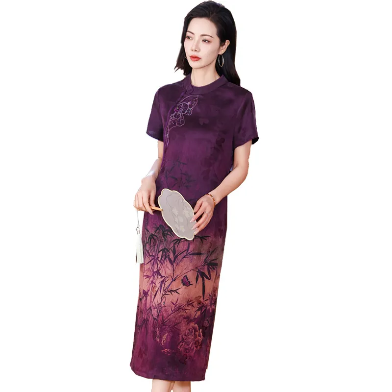 Yi Mengyuan Silk Short Sleeved Dress Women's Purple-2