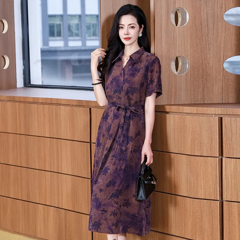 Yi Mengyuan Silk Short Sleeved Dress Women's Purple-2