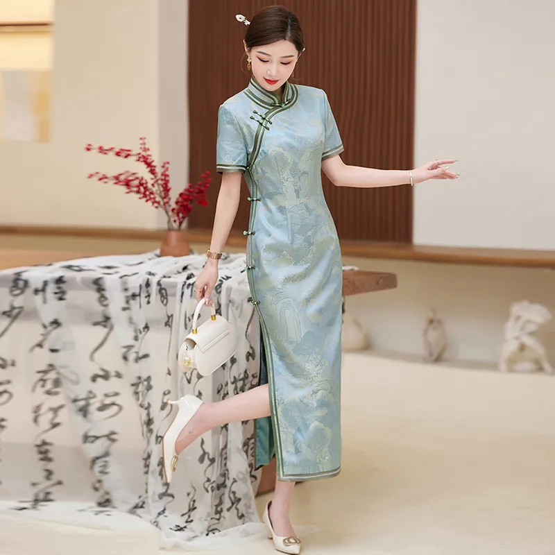 Yi Mengyuan Silk Short Sleeved Dress Women's Gray Blue-4