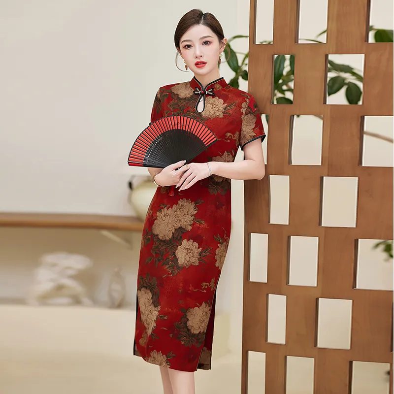 Yi Mengyuan Short Sleeved Dress Women's Burgundy-2