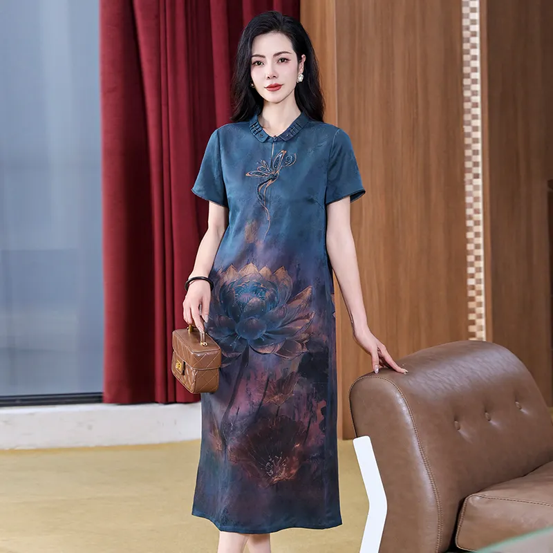 Yi Mengyuan Silk Short Sleeved Dress Women's Blue-3