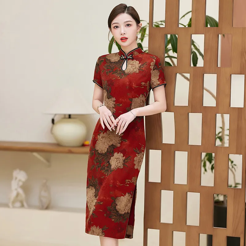 Yi Mengyuan Short Sleeved Dress Women's Burgundy-3