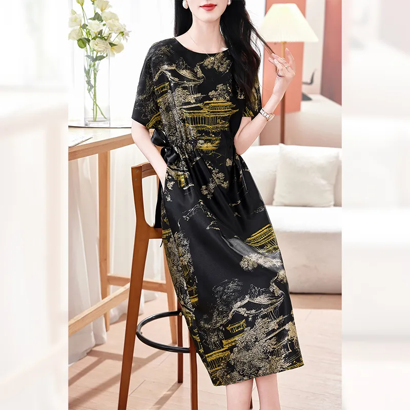 Yi Mengyuan Silk Short Sleeved Dress Women's Black Gold-3