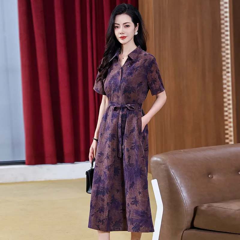 Yi Mengyuan Silk Short Sleeved Dress Women's Purple-3