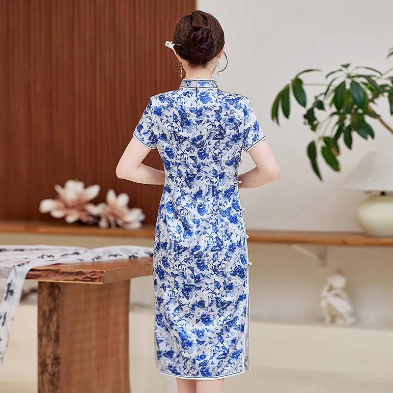 Yi Mengyuan Silk Short Sleeved Dress Women's Blue And White Porcelain-5