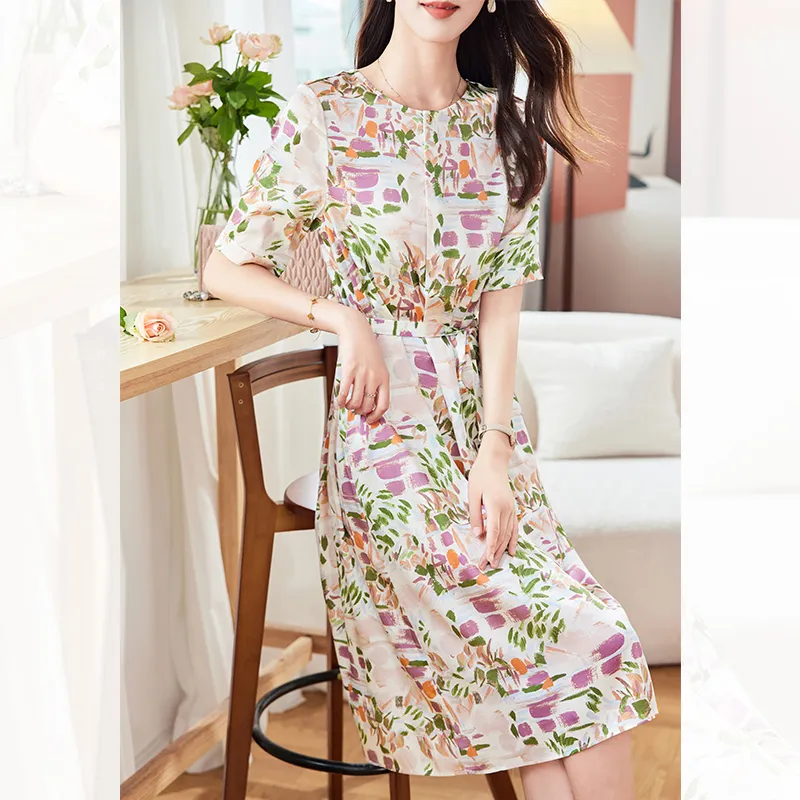 Yi Mengyuan Silk Short Sleeved Dress Women's Oil Painting-3